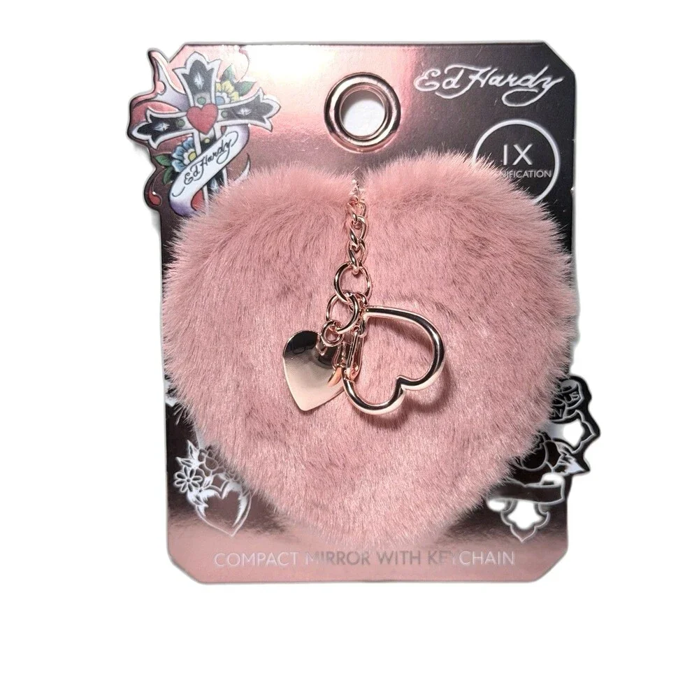 Ed Hardy Faux Fur Heart Compact Double-side Mirror Keychain Y2K New In Package